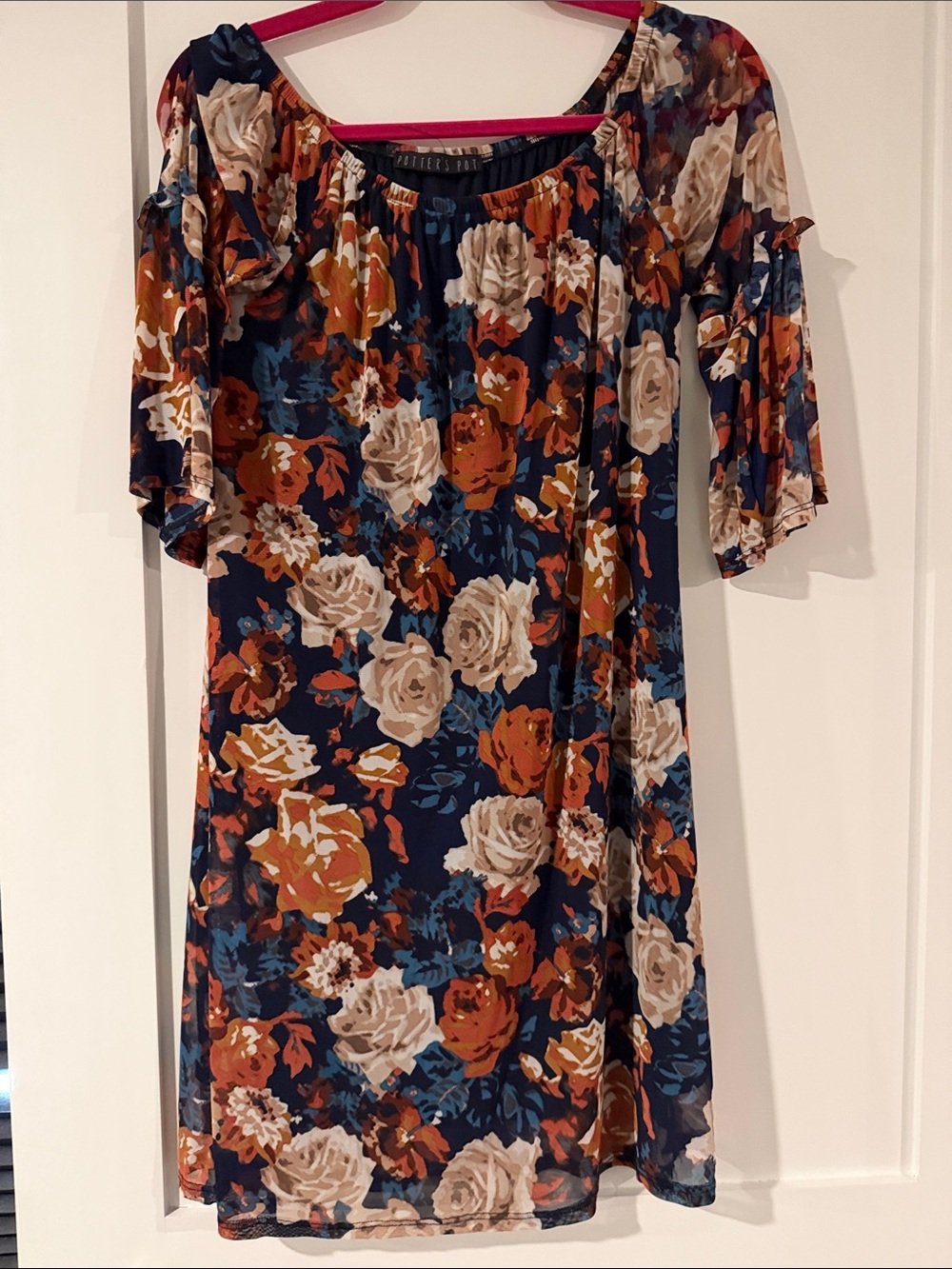 Potter's Pot Navy Floral Off-Shoulder Mini Dress with Rust and Cream Roses